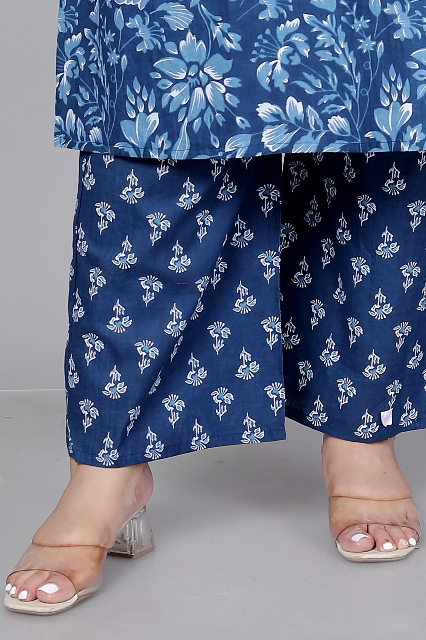 FLORAL PRINT COTTON 3 PEICE KURTA PANT IN BLUE BY PLUSSIZEKURTI