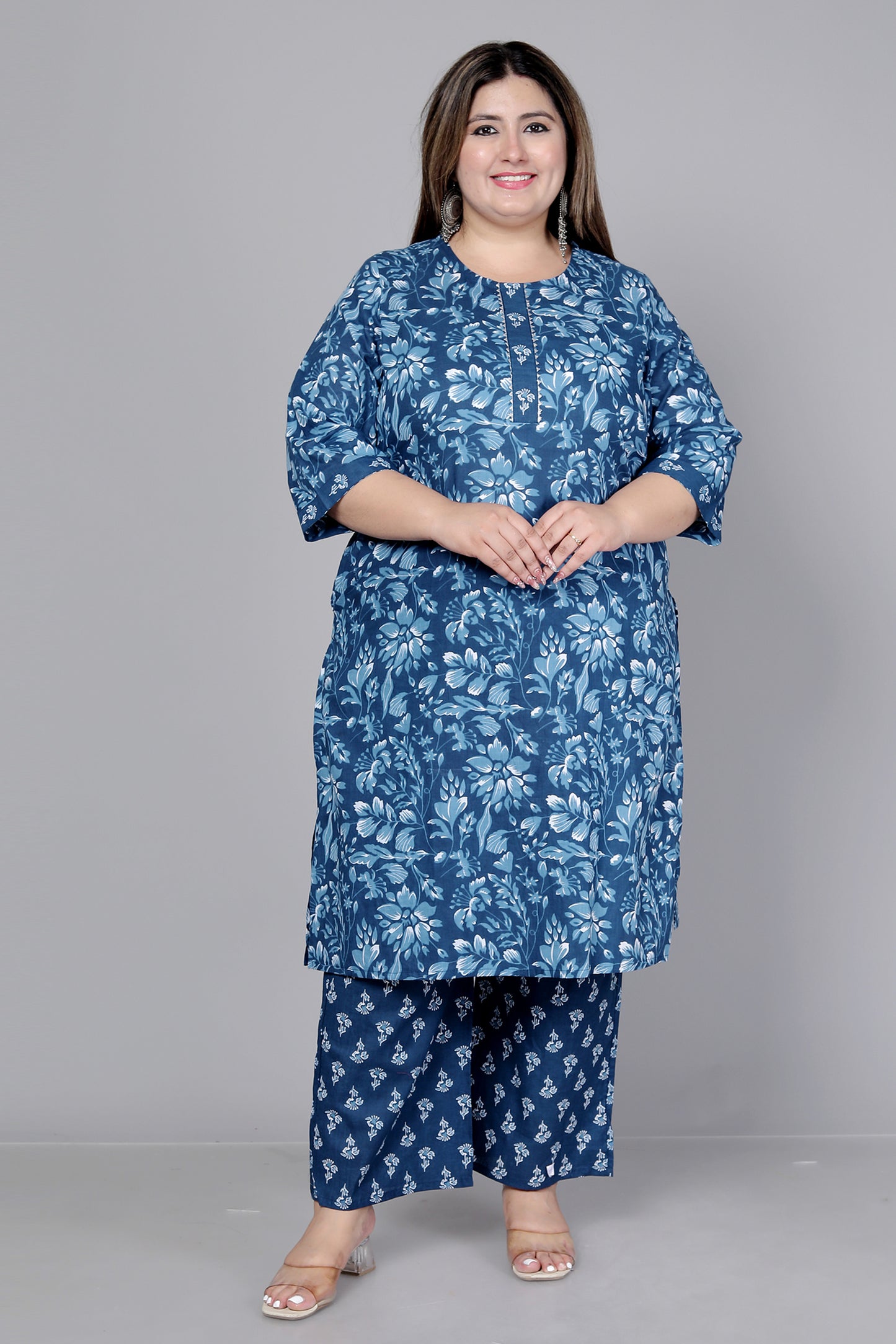 FLORAL PRINT COTTON 3 PEICE KURTA PANT IN BLUE BY PLUSSIZEKURTI