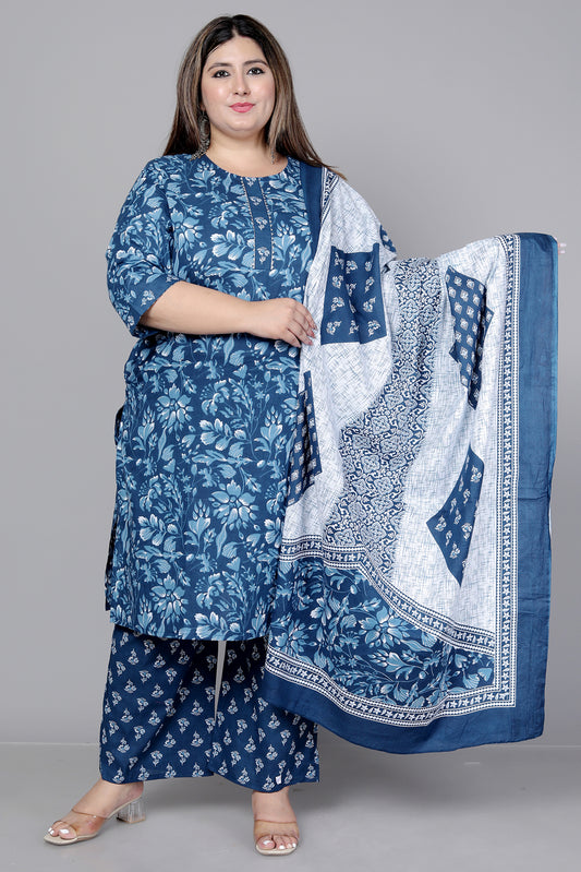 FLORAL PRINT COTTON 3 PEICE KURTA PANT IN BLUE BY PLUSSIZEKURTI