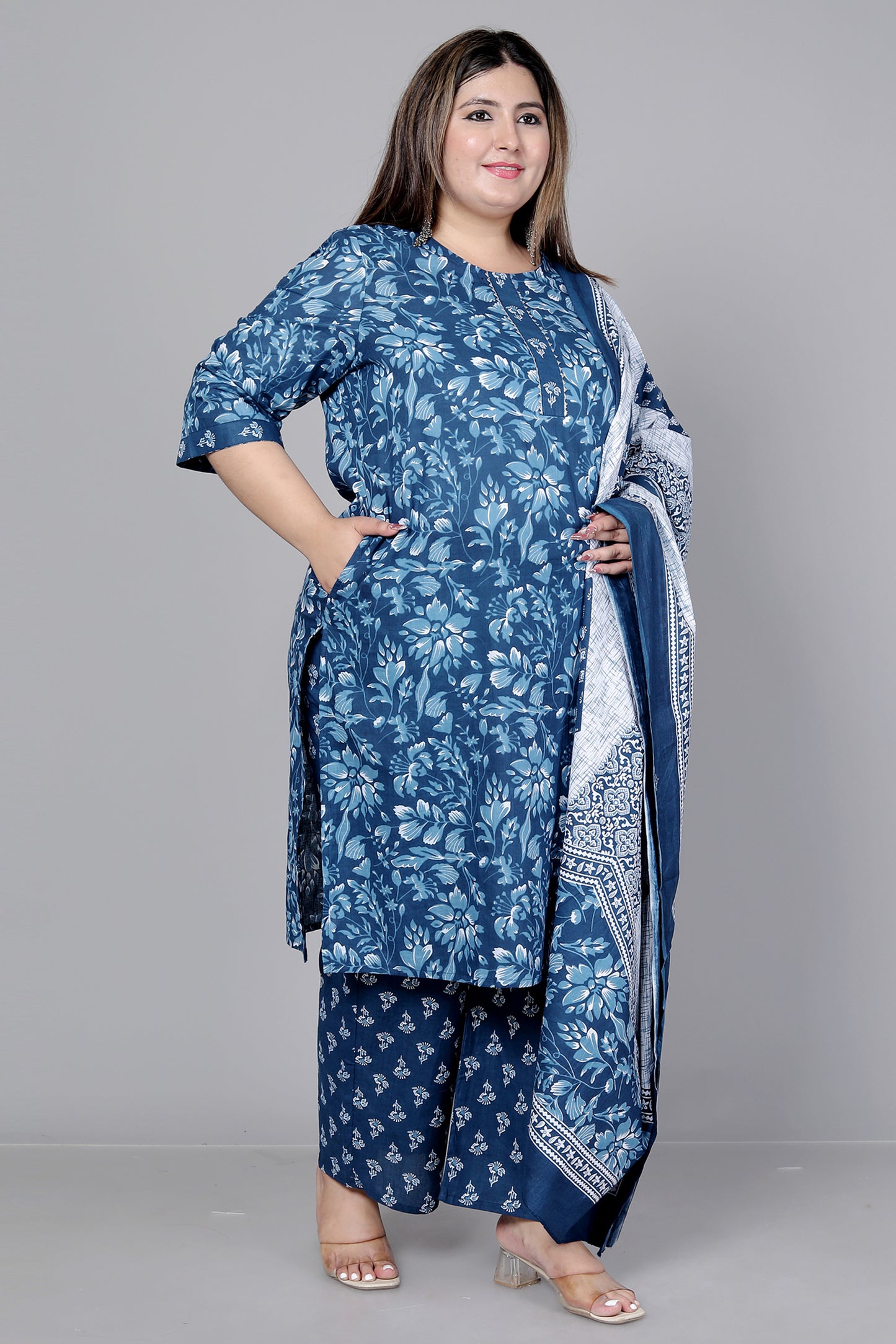 FLORAL PRINT COTTON 3 PEICE KURTA PANT IN BLUE BY PLUSSIZEKURTI
