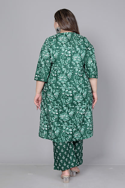 FLORAL PRINT COTTON 3 PEICE KURTA PANT IN GREEN BY PLUSSIZEKURTI