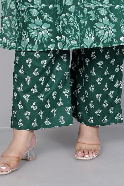 FLORAL PRINT COTTON 3 PEICE KURTA PANT IN GREEN BY PLUSSIZEKURTI