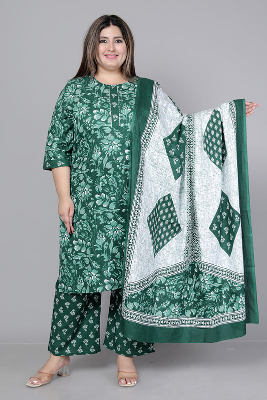 FLORAL PRINT COTTON 3 PEICE KURTA PANT IN GREEN BY PLUSSIZEKURTI