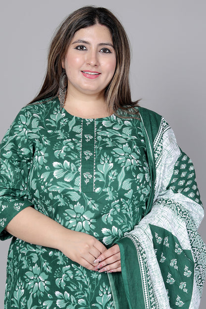 FLORAL PRINT COTTON 3 PEICE KURTA PANT IN GREEN BY PLUSSIZEKURTI