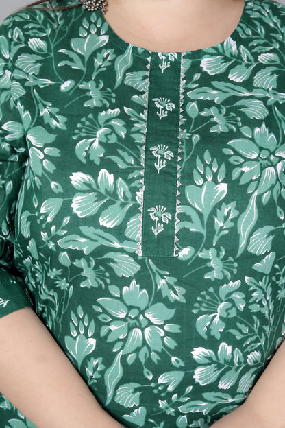 FLORAL PRINT COTTON 3 PEICE KURTA PANT IN GREEN BY PLUSSIZEKURTI