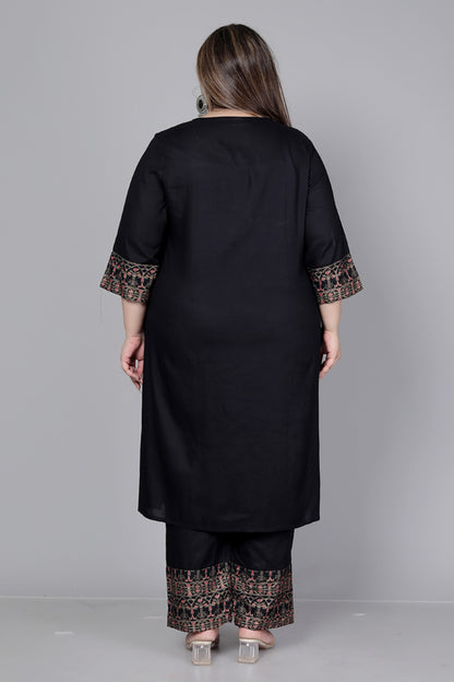 SOLID FOIL PRINT COTTON 3 PEICE KURTA PANT IN BLACK BY PLUSSIZEKURTI