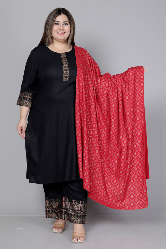 SOLID FOIL PRINT COTTON 3 PEICE KURTA PANT IN BLACK BY PLUSSIZEKURTI