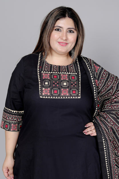 TRIBEL GEOMETRIC SOLID COTTON 3 PEICE KURTI PANT SET IN BLACK BY PLUSSIZEKURTI