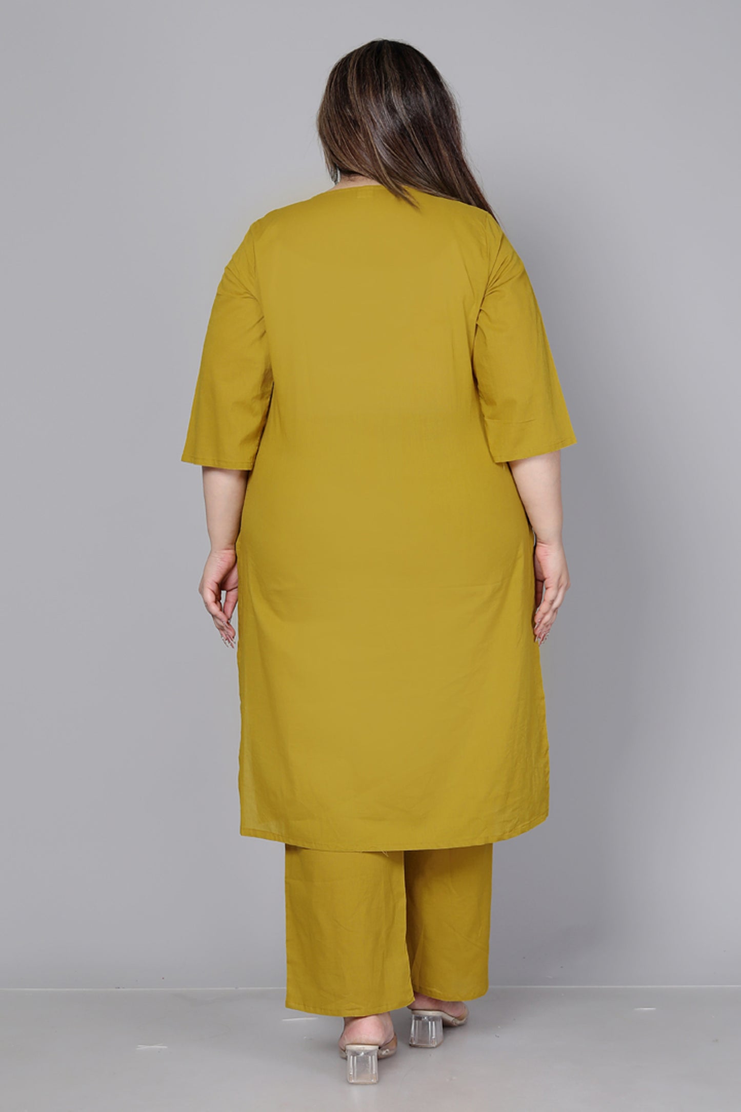 TRIBEL GEOMETRIC SOLID COTTON 3 PEICE KURTI PANT SET IN MUSTURD BY PLUSSIZEKURTI