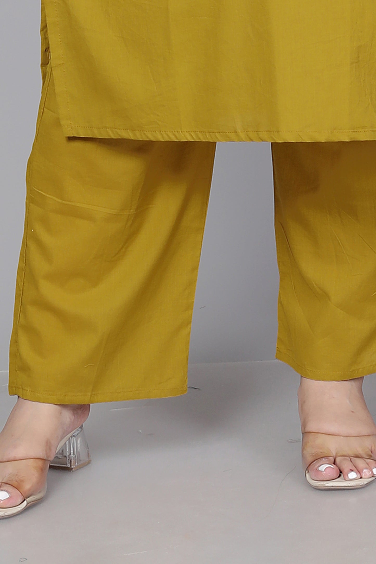 TRIBEL GEOMETRIC SOLID COTTON 3 PEICE KURTI PANT SET IN MUSTURD BY PLUSSIZEKURTI