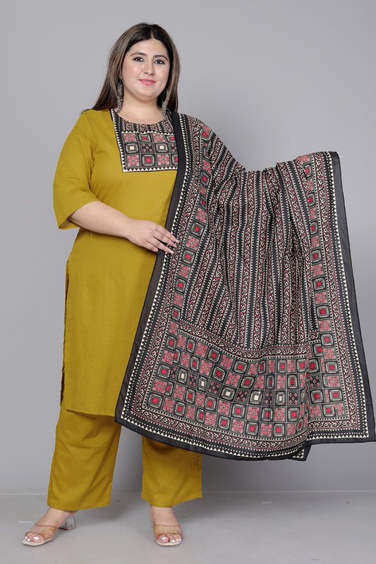 TRIBEL GEOMETRIC SOLID COTTON 3 PEICE KURTI PANT SET IN MUSTURD BY PLUSSIZEKURTI