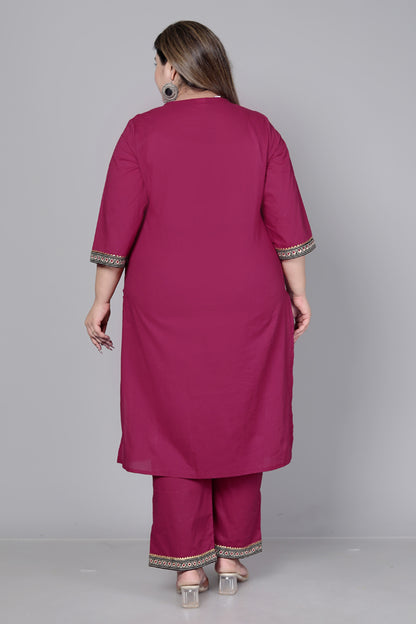 TRIBAL AJRAKH SOLID COTTON 3 PEICE KURTI PANT SET IN WINEPINK BY PLUSSIZEKURTI