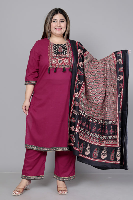 TRIBAL AJRAKH SOLID COTTON 3 PEICE KURTI PANT SET IN WINEPINK BY PLUSSIZEKURTI