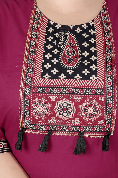 TRIBAL AJRAKH SOLID COTTON 3 PEICE KURTI PANT SET IN WINEPINK BY PLUSSIZEKURTI