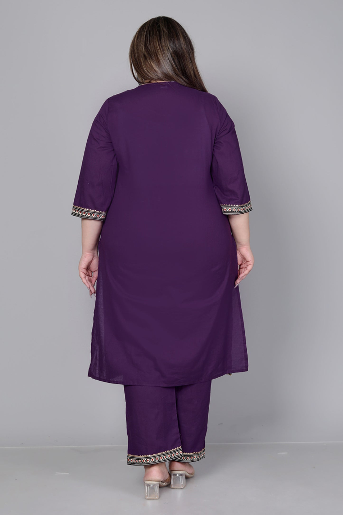 TRIBAL AJRAKH SOLID COTTON 3 PEICE KURTI PANT SET IN PURPLE BY PLUSSIZEKURTI