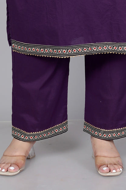 TRIBAL AJRAKH SOLID COTTON 3 PEICE KURTI PANT SET IN PURPLE BY PLUSSIZEKURTI