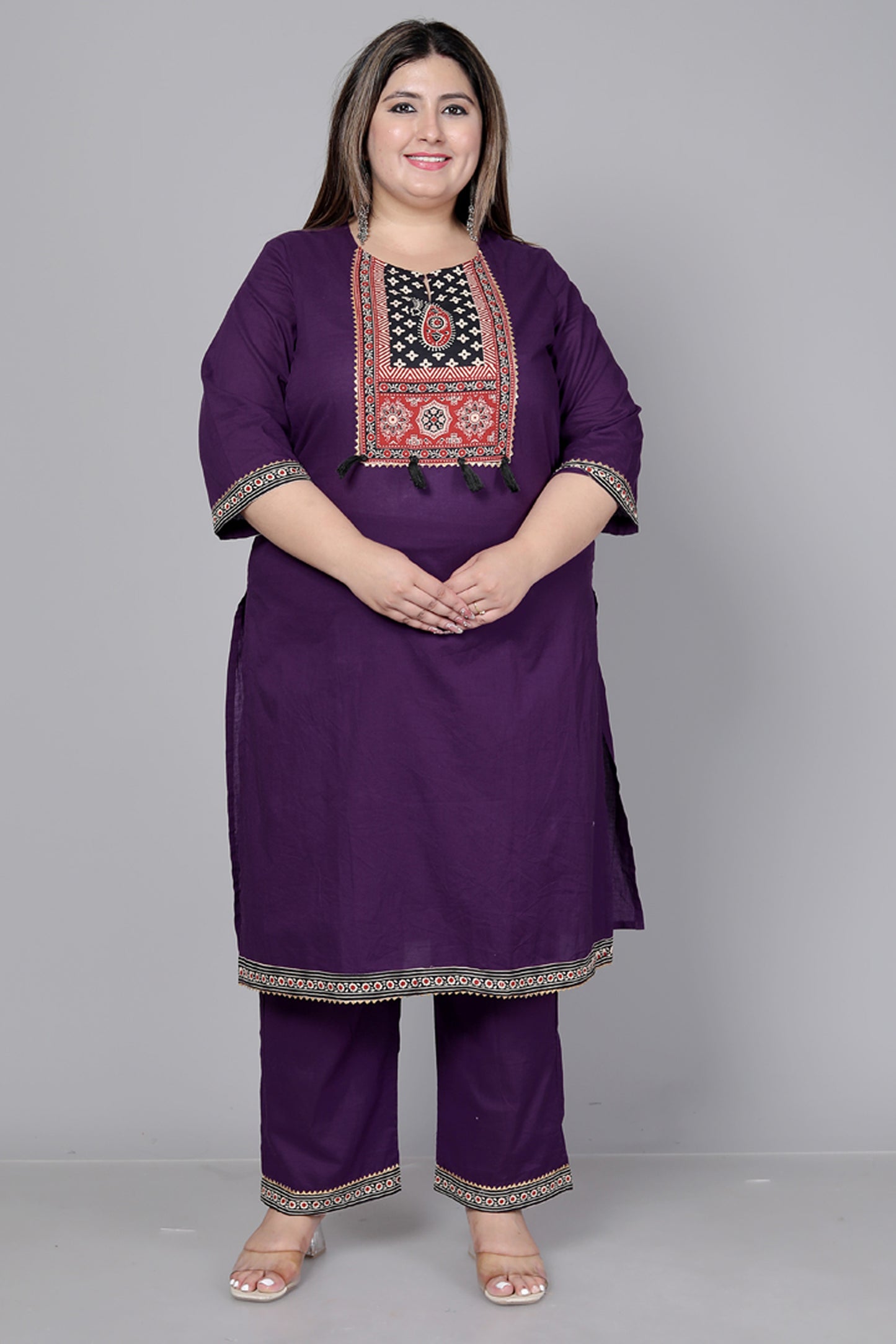 TRIBAL AJRAKH SOLID COTTON 3 PEICE KURTI PANT SET IN PURPLE BY PLUSSIZEKURTI
