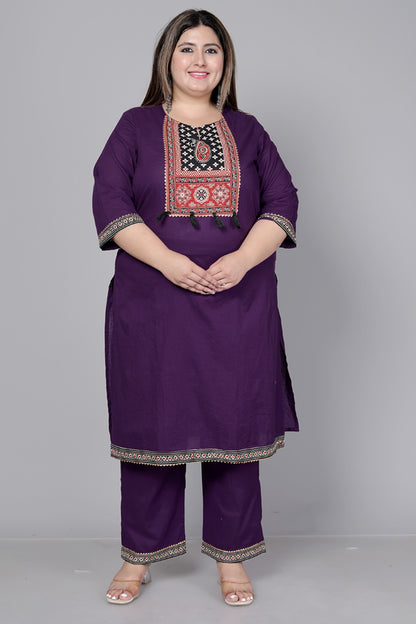 TRIBAL AJRAKH SOLID COTTON 3 PEICE KURTI PANT SET IN PURPLE BY PLUSSIZEKURTI