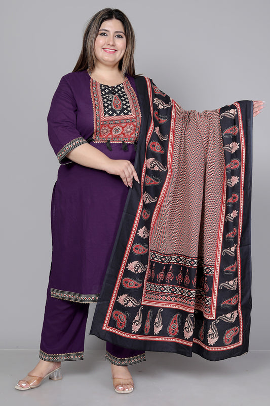 TRIBAL AJRAKH SOLID COTTON 3 PEICE KURTI PANT SET IN PURPLE BY PLUSSIZEKURTI