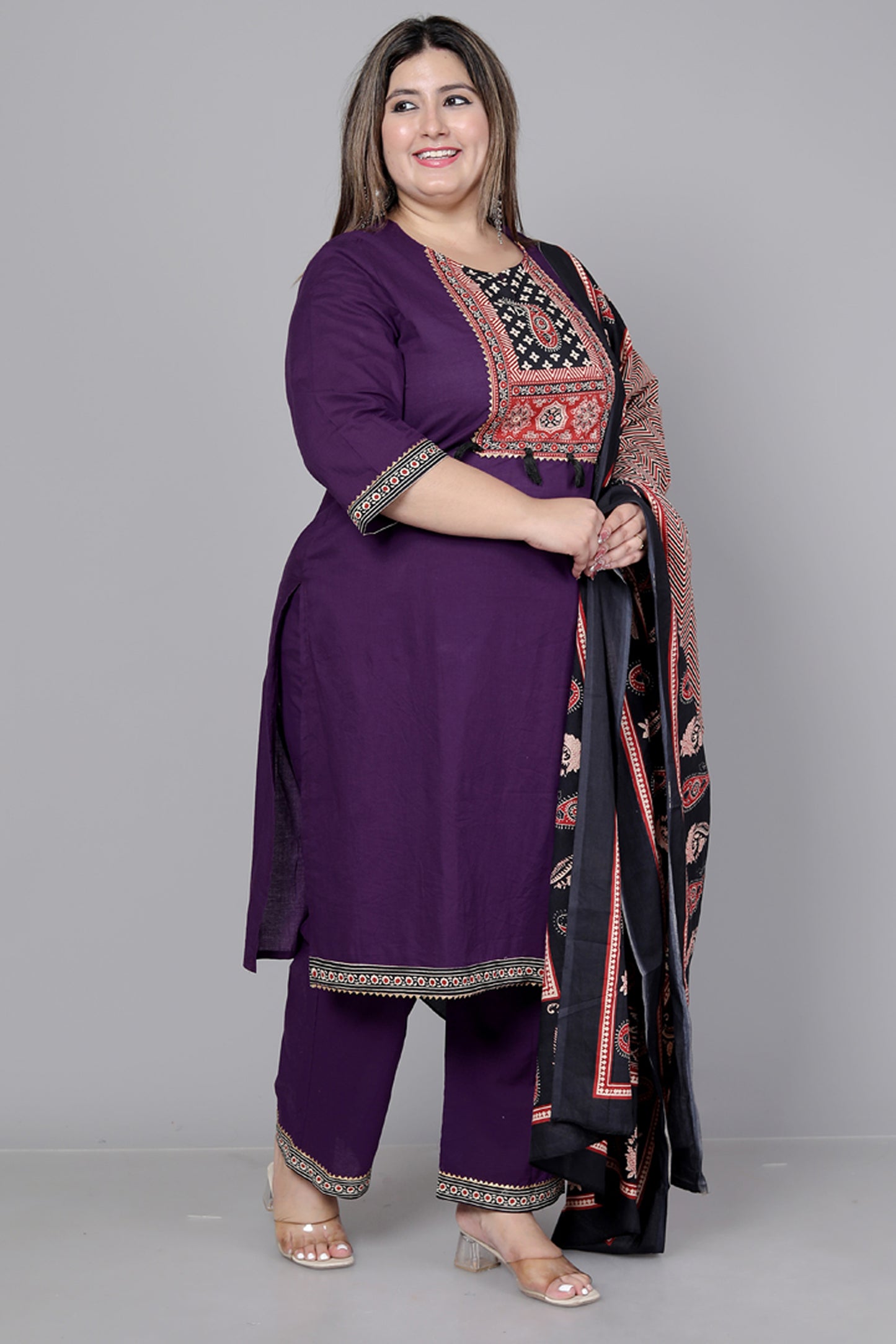 TRIBAL AJRAKH SOLID COTTON 3 PEICE KURTI PANT SET IN PURPLE BY PLUSSIZEKURTI