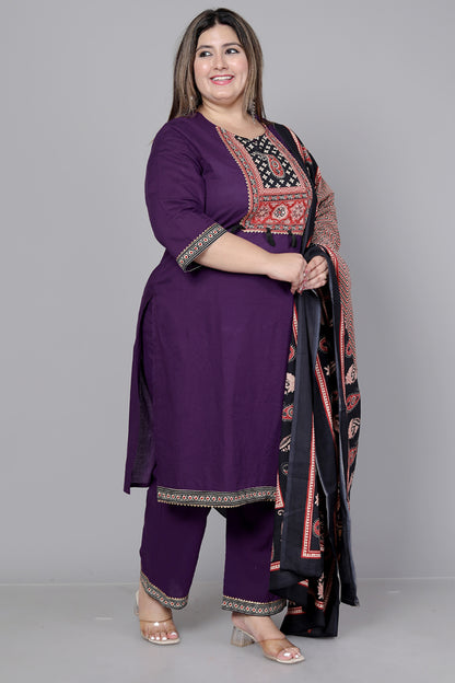 TRIBAL AJRAKH SOLID COTTON 3 PEICE KURTI PANT SET IN PURPLE BY PLUSSIZEKURTI