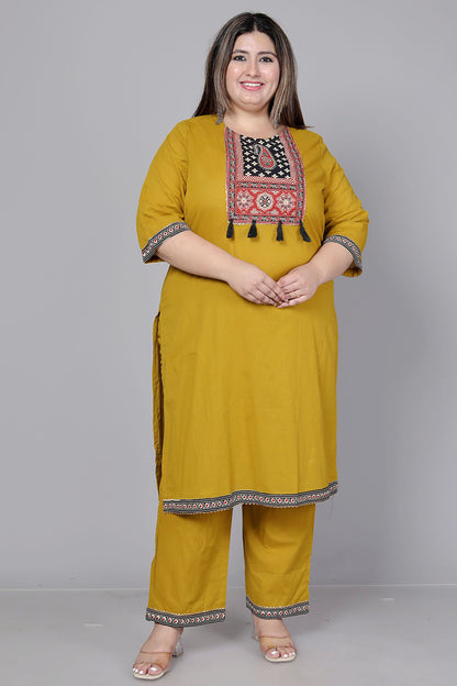 TRIBAL AJRAKH SOLID COTTON 3 PEICE KURTI PANT SET IN YELLOW BY PLUSSIZEKURTI