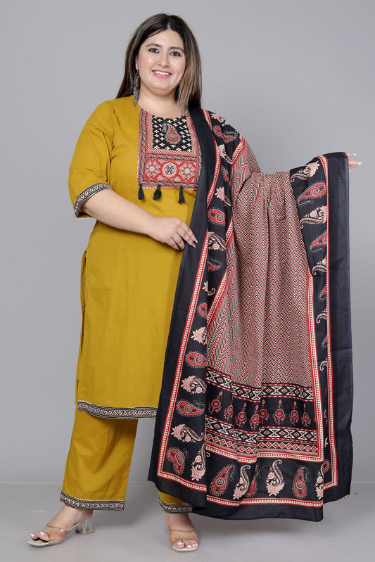 TRIBAL AJRAKH SOLID COTTON 3 PEICE KURTI PANT SET IN YELLOW BY PLUSSIZEKURTI