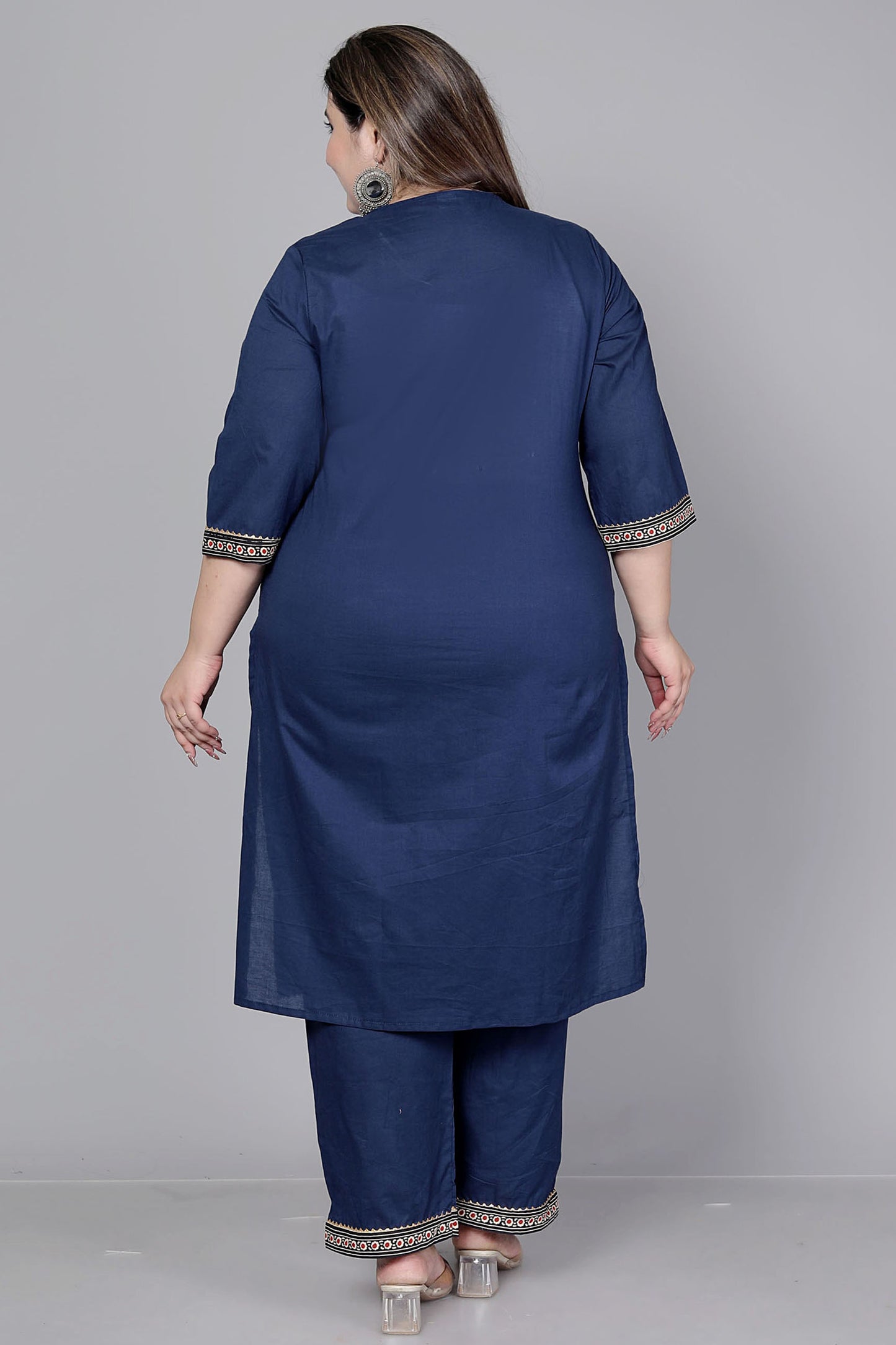 TRIBAL AJRAKH SOLID COTTON 3 PEICE KURTI PANT SET IN BLUE BY PLUSSIZEKURTI