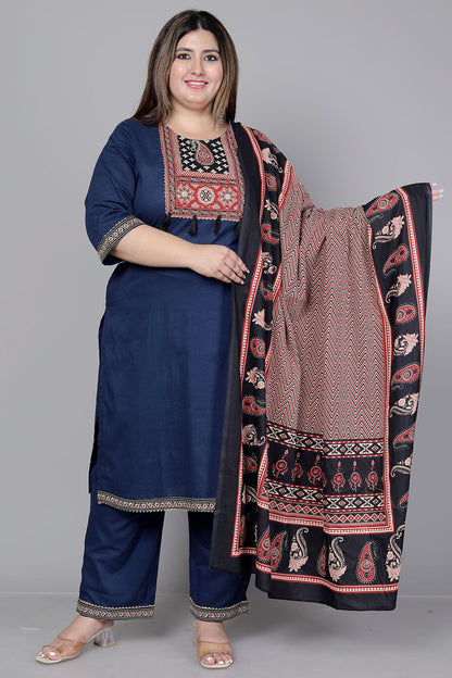 TRIBAL AJRAKH SOLID COTTON 3 PEICE KURTI PANT SET IN BLUE BY PLUSSIZEKURTI