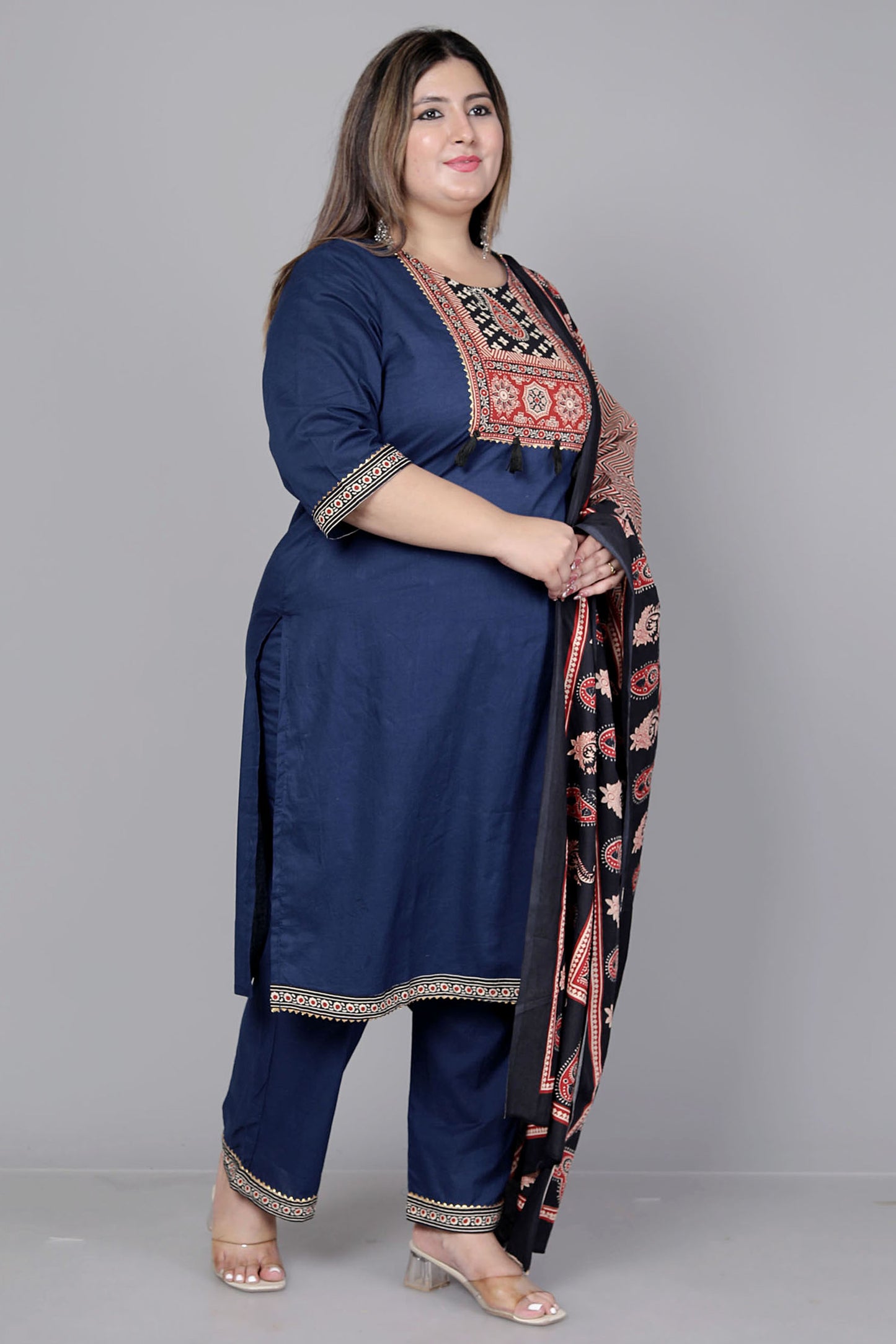 TRIBAL AJRAKH SOLID COTTON 3 PEICE KURTI PANT SET IN BLUE BY PLUSSIZEKURTI