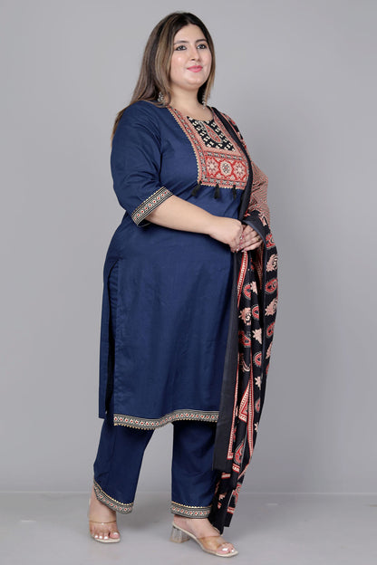TRIBAL AJRAKH SOLID COTTON 3 PEICE KURTI PANT SET IN BLUE BY PLUSSIZEKURTI