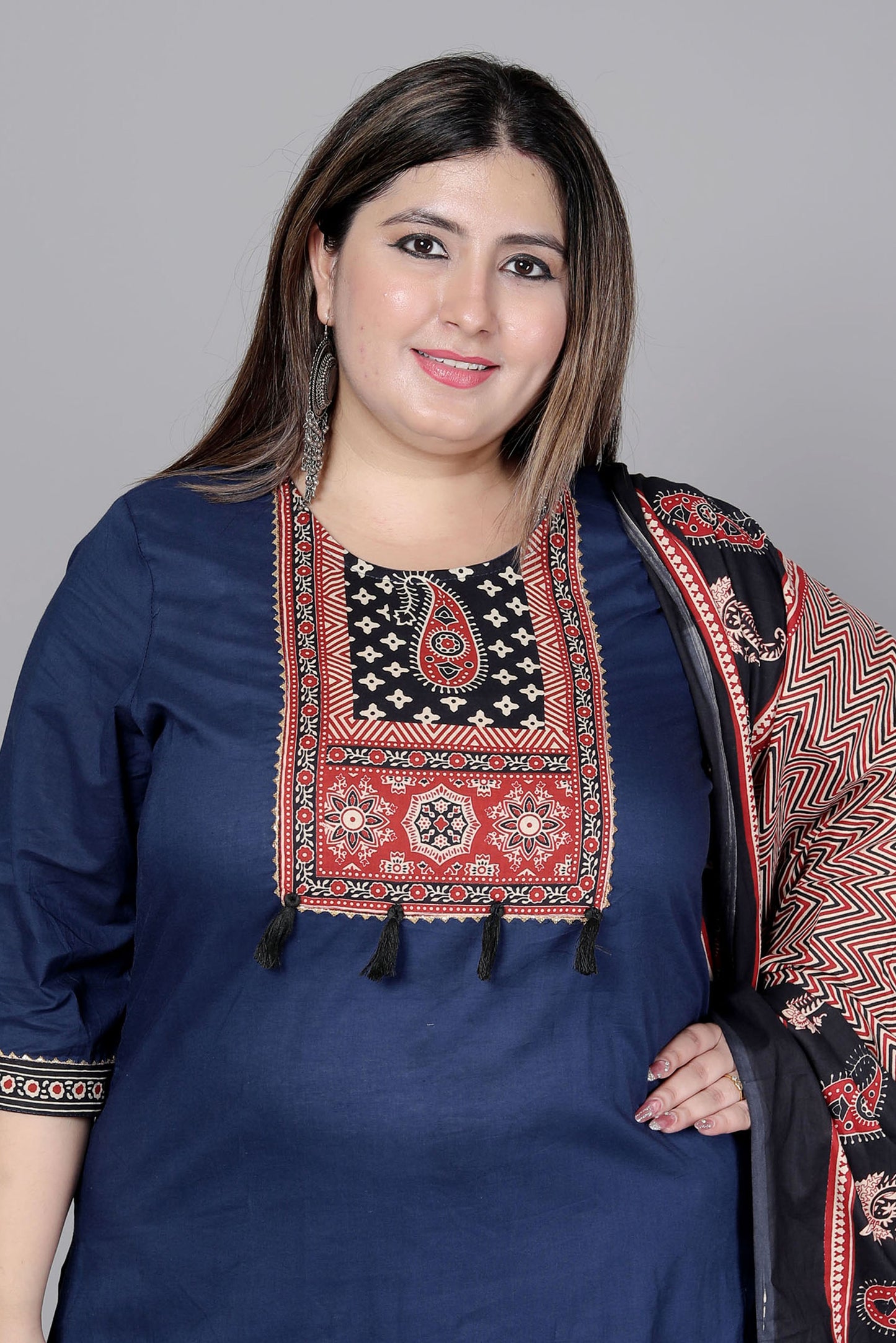 TRIBAL AJRAKH SOLID COTTON 3 PEICE KURTI PANT SET IN BLUE BY PLUSSIZEKURTI