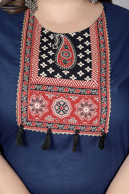 TRIBAL AJRAKH SOLID COTTON 3 PEICE KURTI PANT SET IN BLUE BY PLUSSIZEKURTI