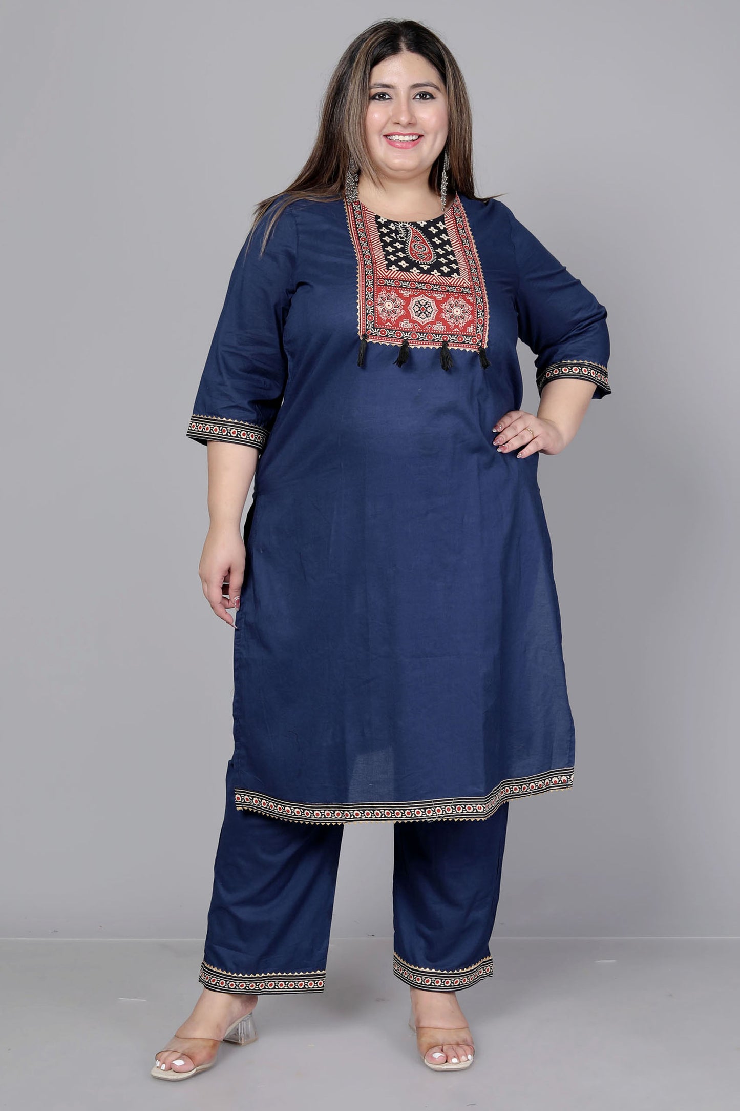 TRIBAL AJRAKH SOLID COTTON 3 PEICE KURTI PANT SET IN BLUE BY PLUSSIZEKURTI