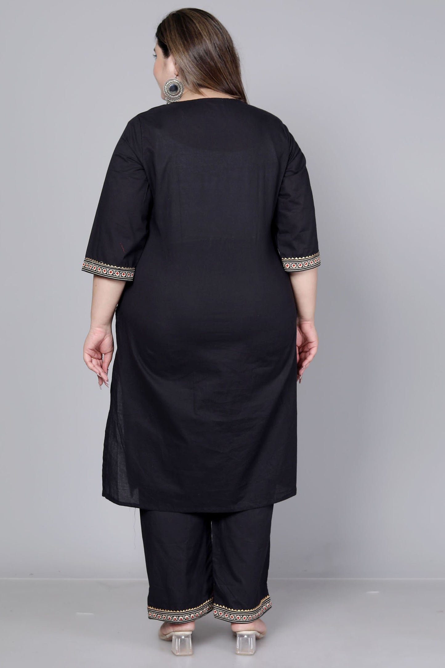 TRIBAL AJRAKH SOLID COTTON 3 PEICE KURTI PANT SET IN BLACK BY PLUSSIZEKURTI