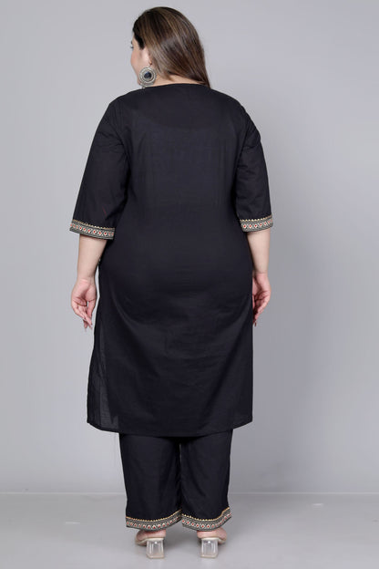 TRIBAL AJRAKH SOLID COTTON 3 PEICE KURTI PANT SET IN BLACK BY PLUSSIZEKURTI