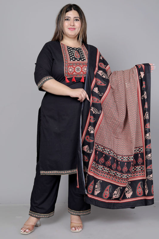 TRIBAL AJRAKH SOLID COTTON 3 PEICE KURTI PANT SET IN BLACK BY PLUSSIZEKURTI