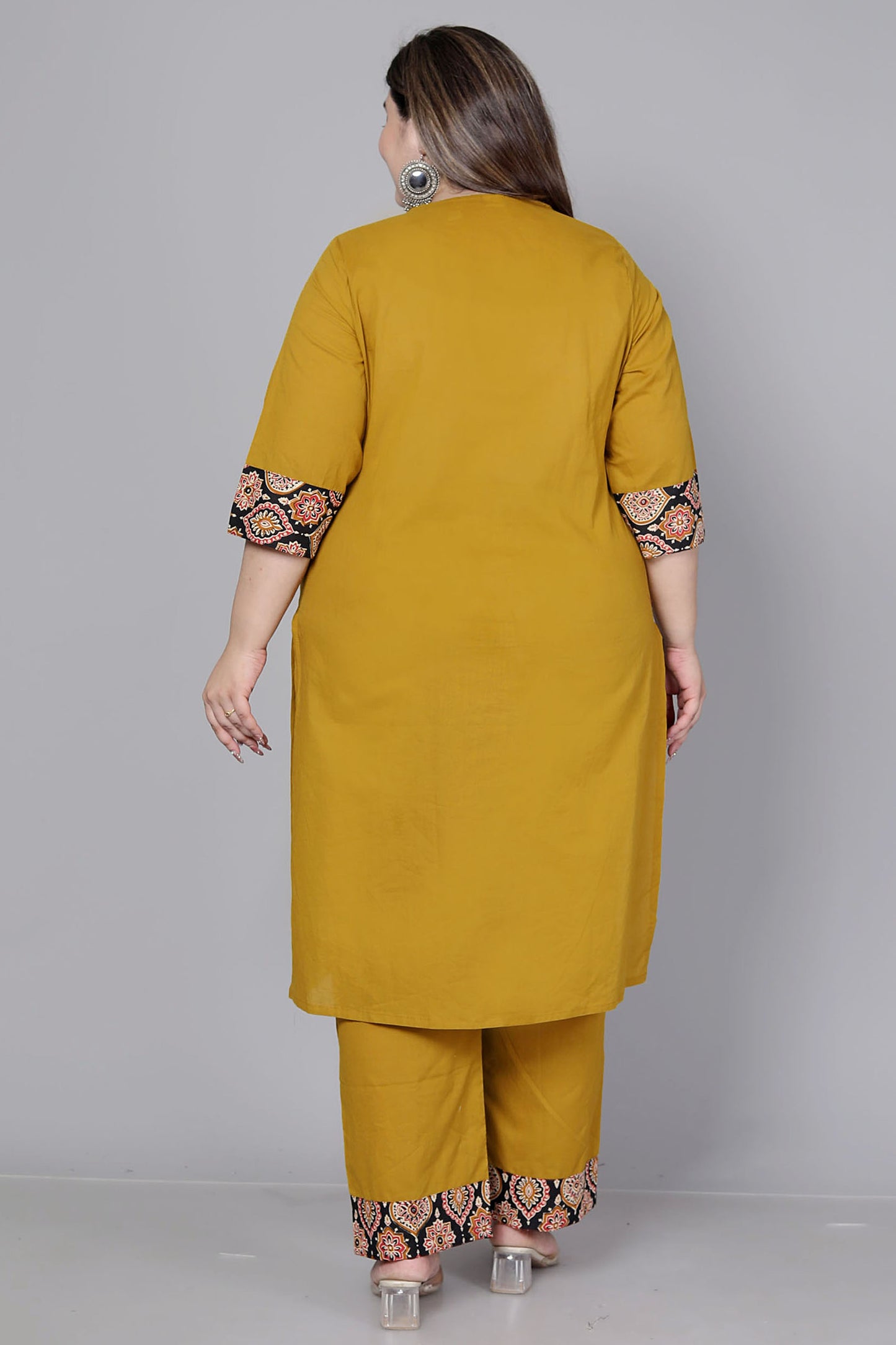 GEOMETRIC FLORAL SOLID COTTON 3 PEICE KURTI PANT SET IN MUSTURD BY PLUSSIZEKURTI