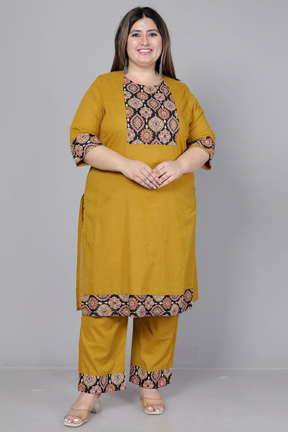 GEOMETRIC FLORAL SOLID COTTON 3 PEICE KURTI PANT SET IN MUSTURD BY PLUSSIZEKURTI
