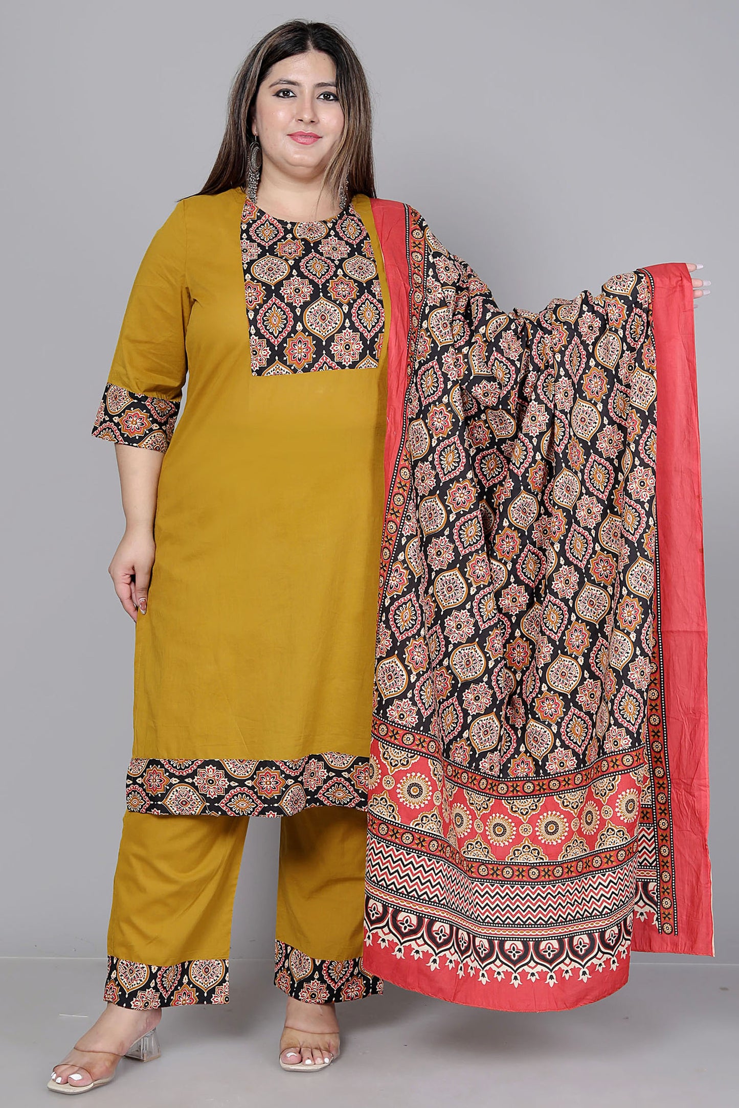 GEOMETRIC FLORAL SOLID COTTON 3 PEICE KURTI PANT SET IN MUSTURD BY PLUSSIZEKURTI