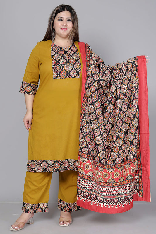GEOMETRIC FLORAL SOLID COTTON 3 PEICE KURTI PANT SET IN MUSTURD BY PLUSSIZEKURTI