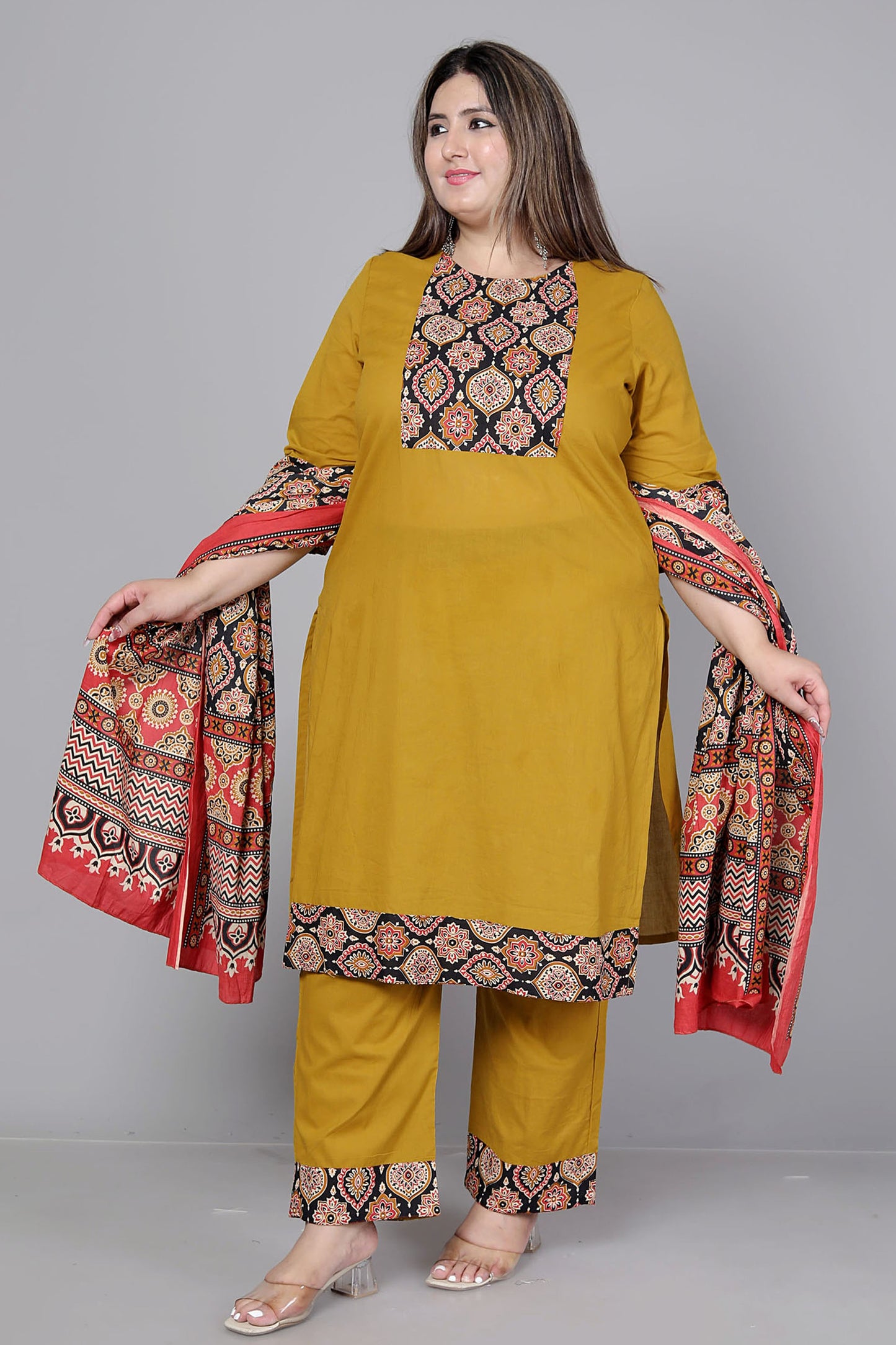 GEOMETRIC FLORAL SOLID COTTON 3 PEICE KURTI PANT SET IN MUSTURD BY PLUSSIZEKURTI
