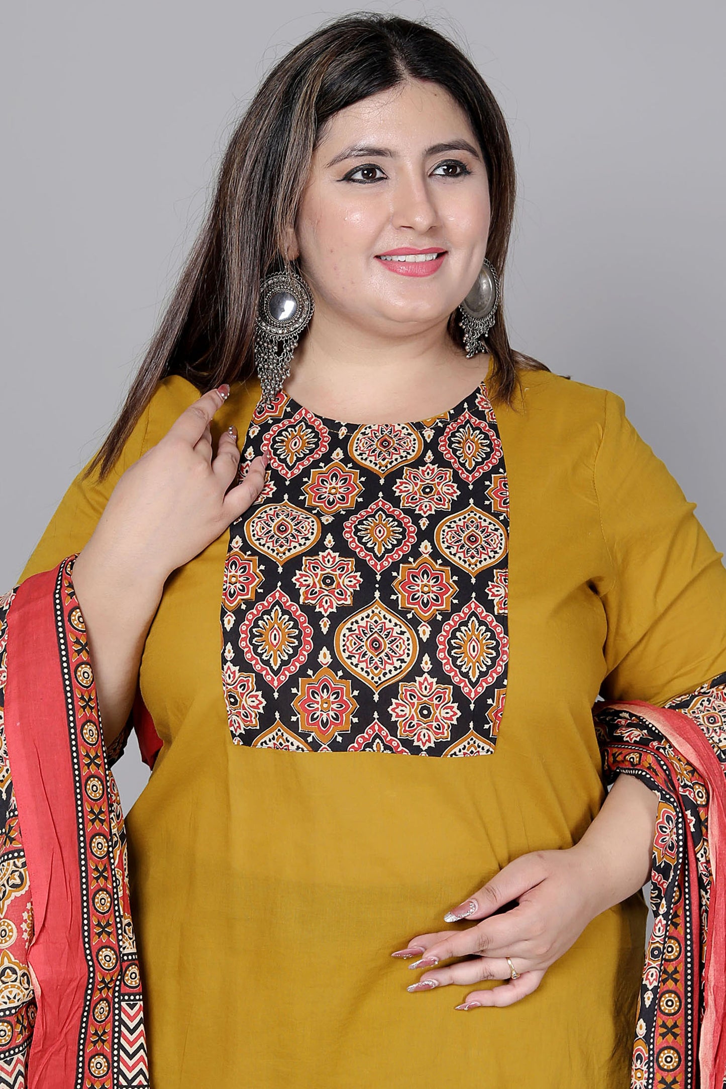 GEOMETRIC FLORAL SOLID COTTON 3 PEICE KURTI PANT SET IN MUSTURD BY PLUSSIZEKURTI