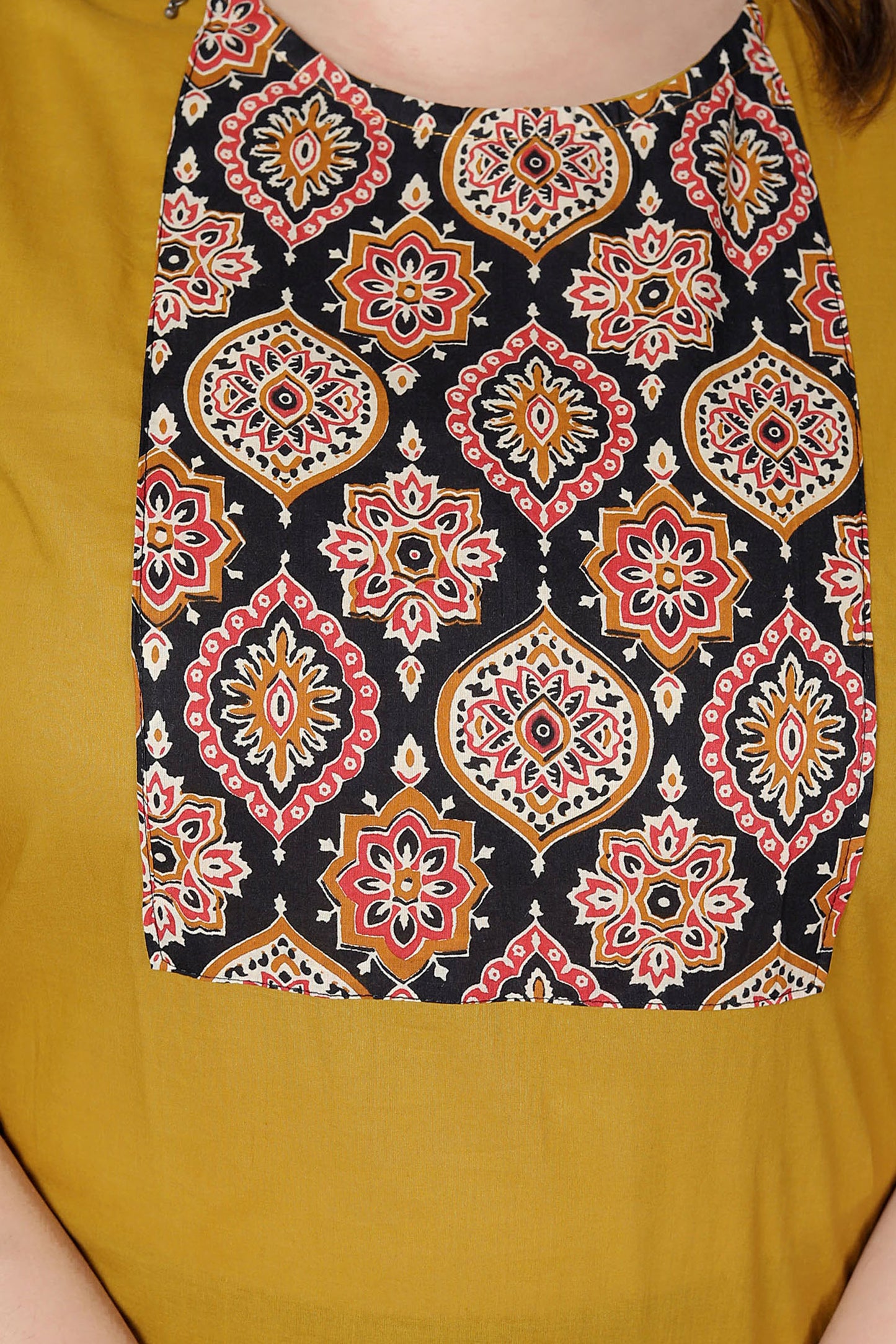 GEOMETRIC FLORAL SOLID COTTON 3 PEICE KURTI PANT SET IN MUSTURD BY PLUSSIZEKURTI