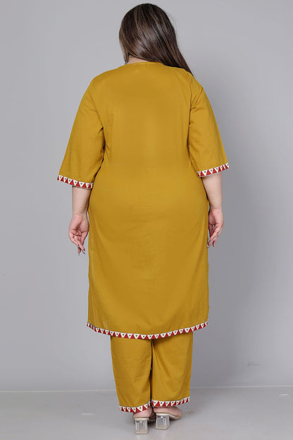 TRIBAL STRIPE SOLID COTTON 3 PEICE KURTI PANT SET IN YELLOW BY PLUSSIZEKURTI