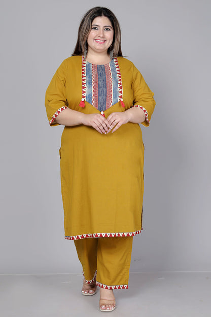 TRIBAL STRIPE SOLID COTTON 3 PEICE KURTI PANT SET IN YELLOW BY PLUSSIZEKURTI