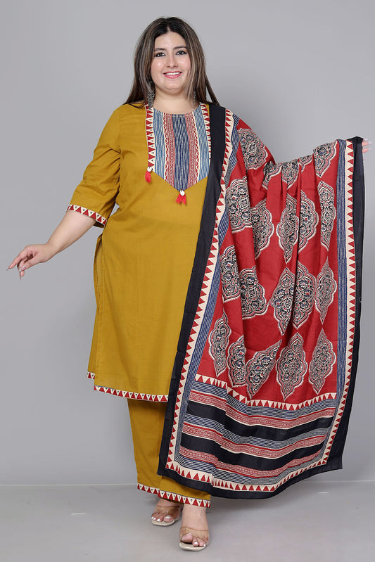 TRIBAL STRIPE SOLID COTTON 3 PEICE KURTI PANT SET IN YELLOW BY PLUSSIZEKURTI