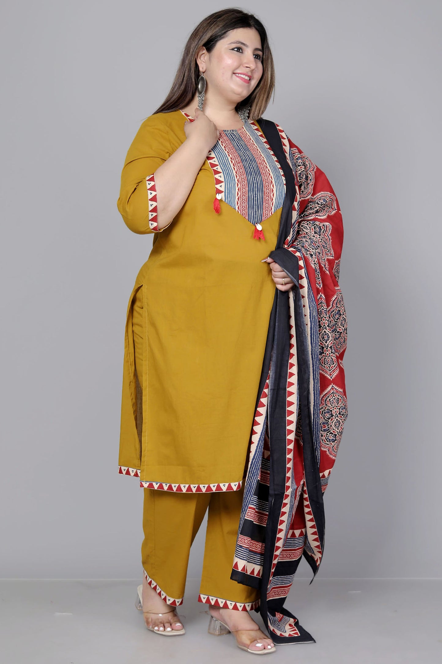 TRIBAL STRIPE SOLID COTTON 3 PEICE KURTI PANT SET IN YELLOW BY PLUSSIZEKURTI