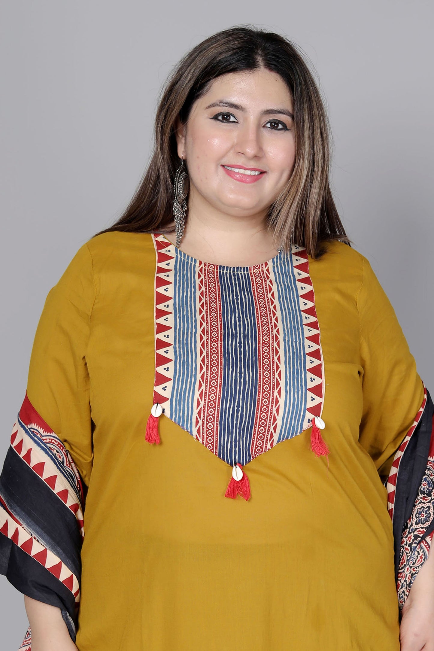 TRIBAL STRIPE SOLID COTTON 3 PEICE KURTI PANT SET IN YELLOW BY PLUSSIZEKURTI