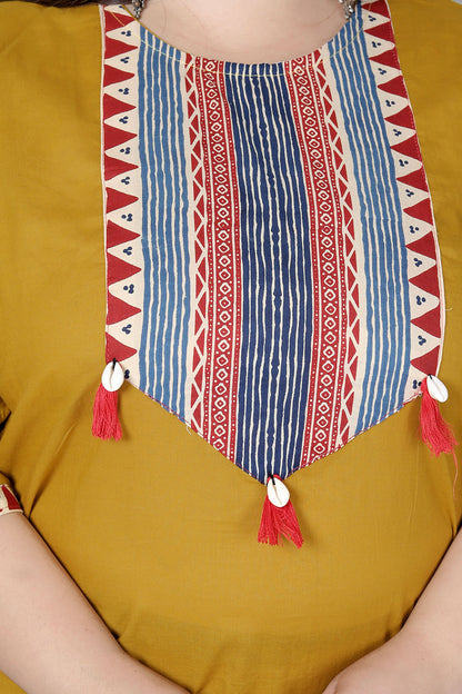 TRIBAL STRIPE SOLID COTTON 3 PEICE KURTI PANT SET IN YELLOW BY PLUSSIZEKURTI
